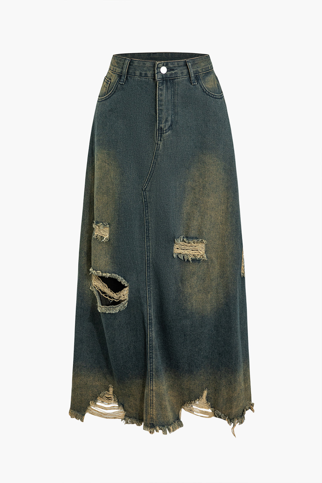 Yıpranmış Kesik Düğmeli Yıkanmış Denim Etek