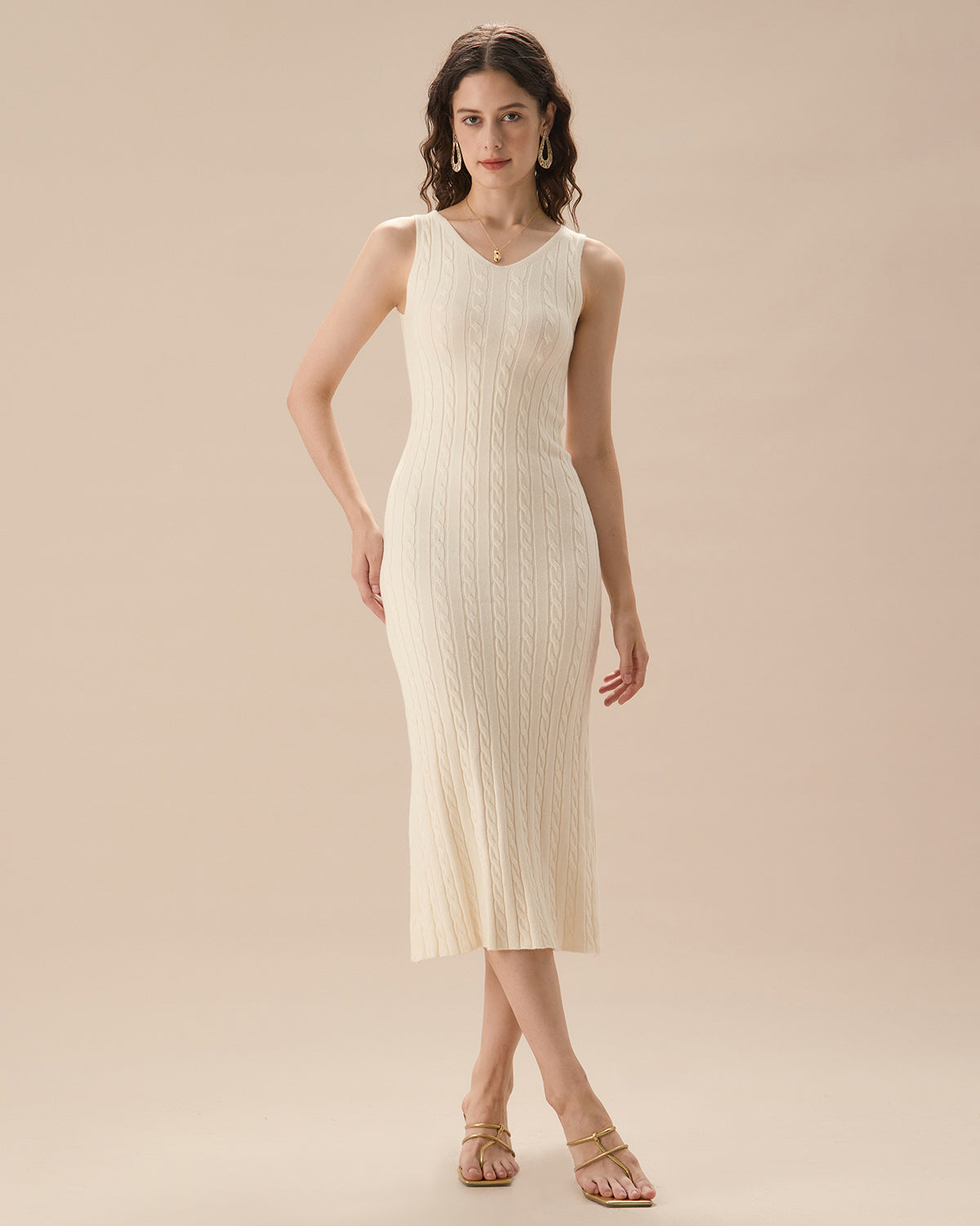 Bej Fitilli Örgü Bodycon Kazak Elbise