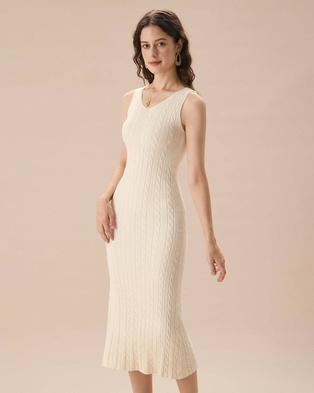 Bej Fitilli Örgü Bodycon Kazak Elbise