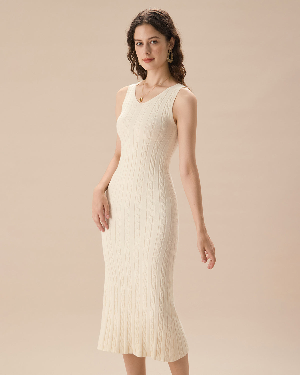 Bej Fitilli Örgü Bodycon Kazak Elbise