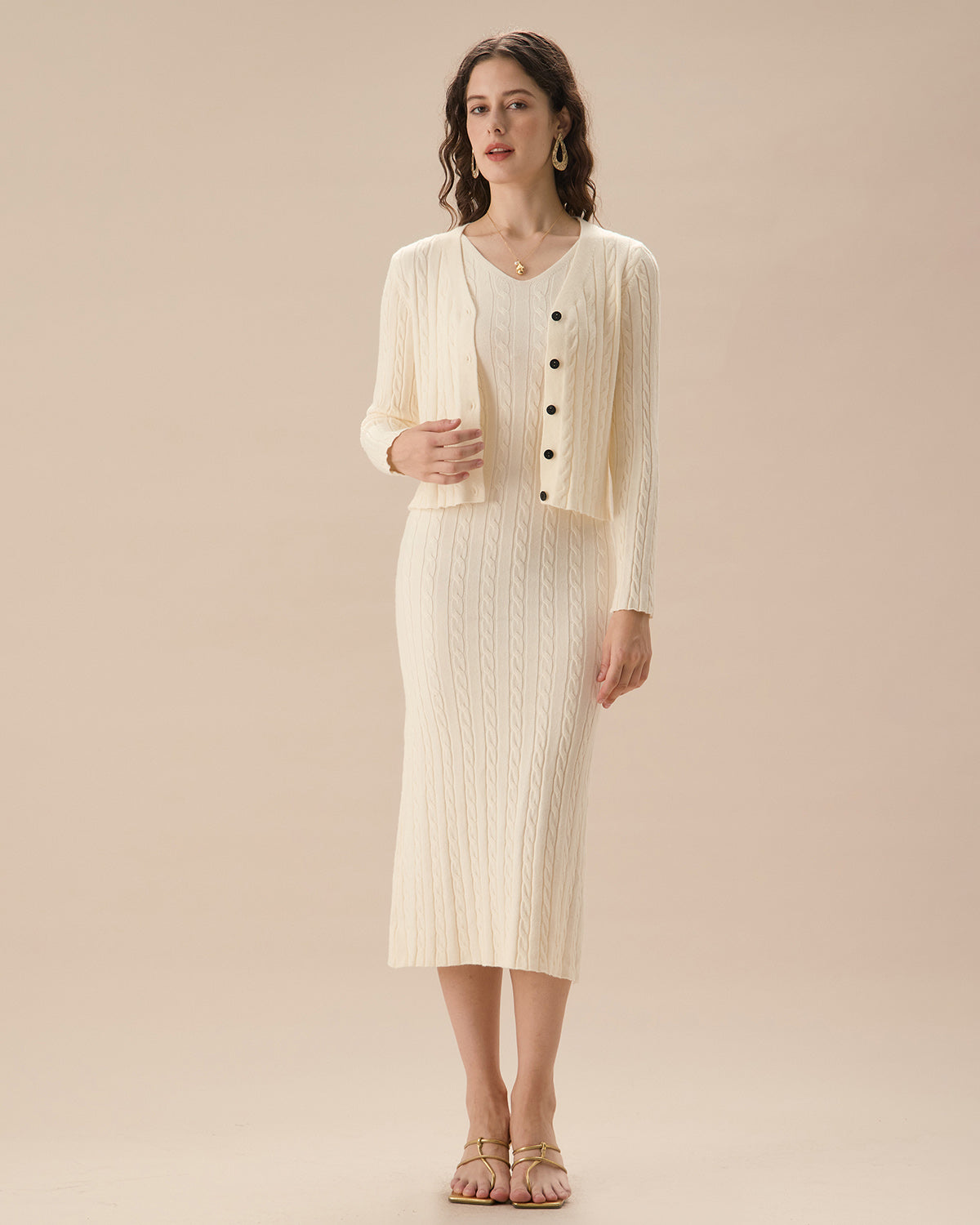 Bej Fitilli Örgü Bodycon Kazak Elbise
