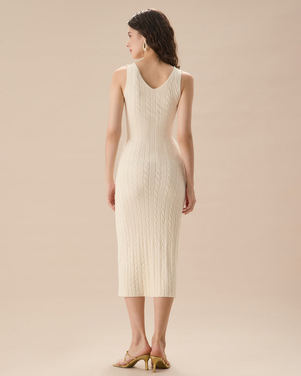 Bej Fitilli Örgü Bodycon Kazak Elbise