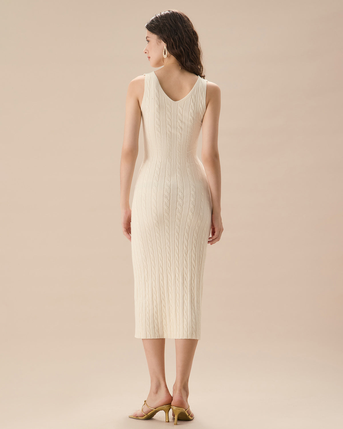 Bej Fitilli Örgü Bodycon Kazak Elbise