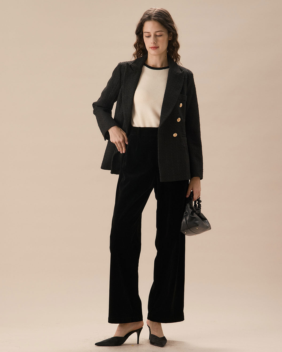 Siyah Çift Sıra Düğmeli Tweed Blazer