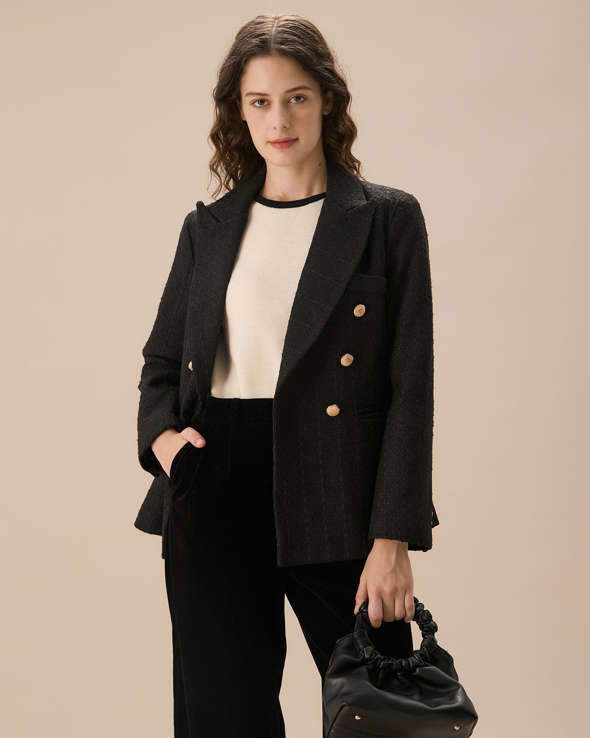 Siyah Çift Sıra Düğmeli Tweed Blazer