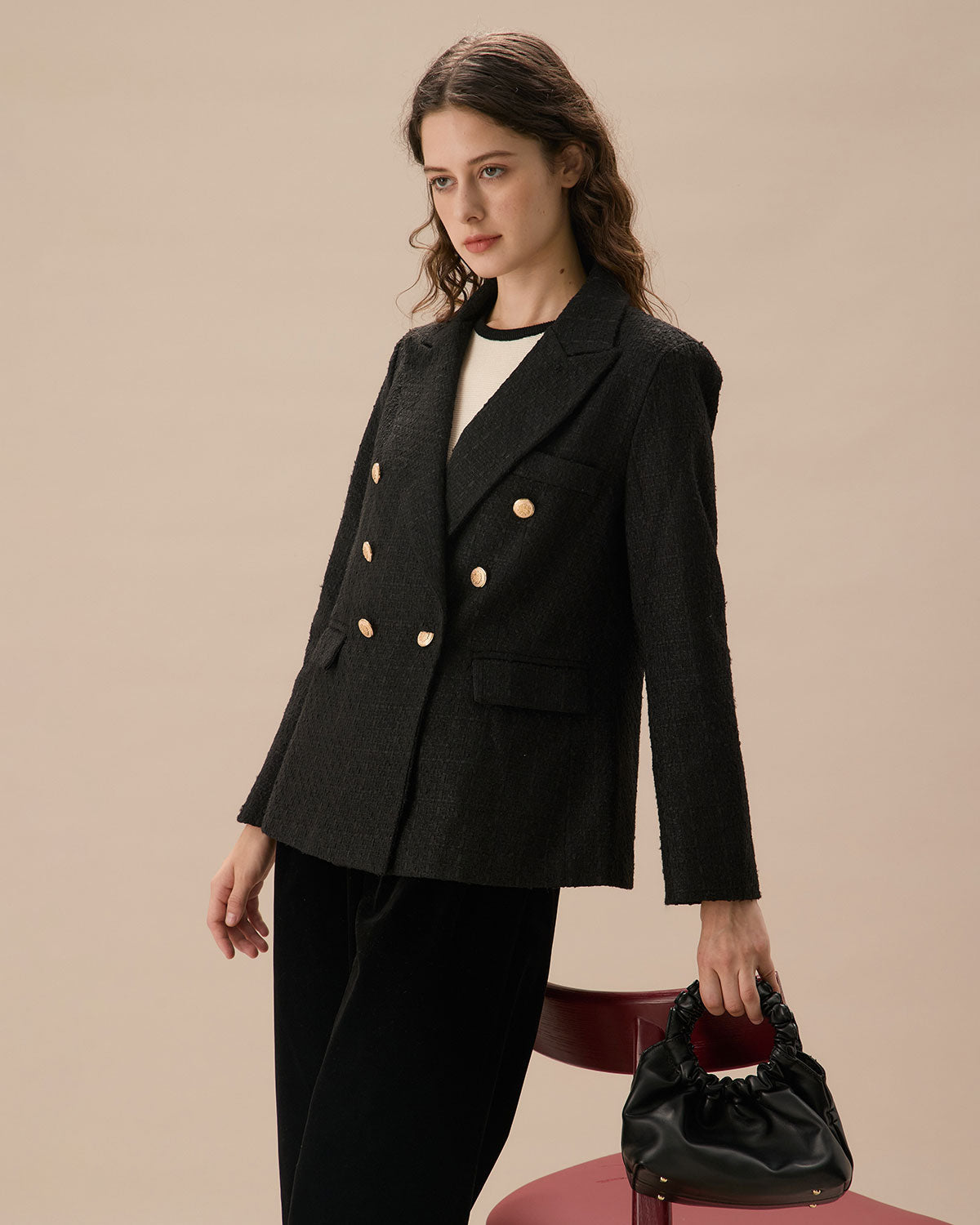 Siyah Çift Sıra Düğmeli Tweed Blazer