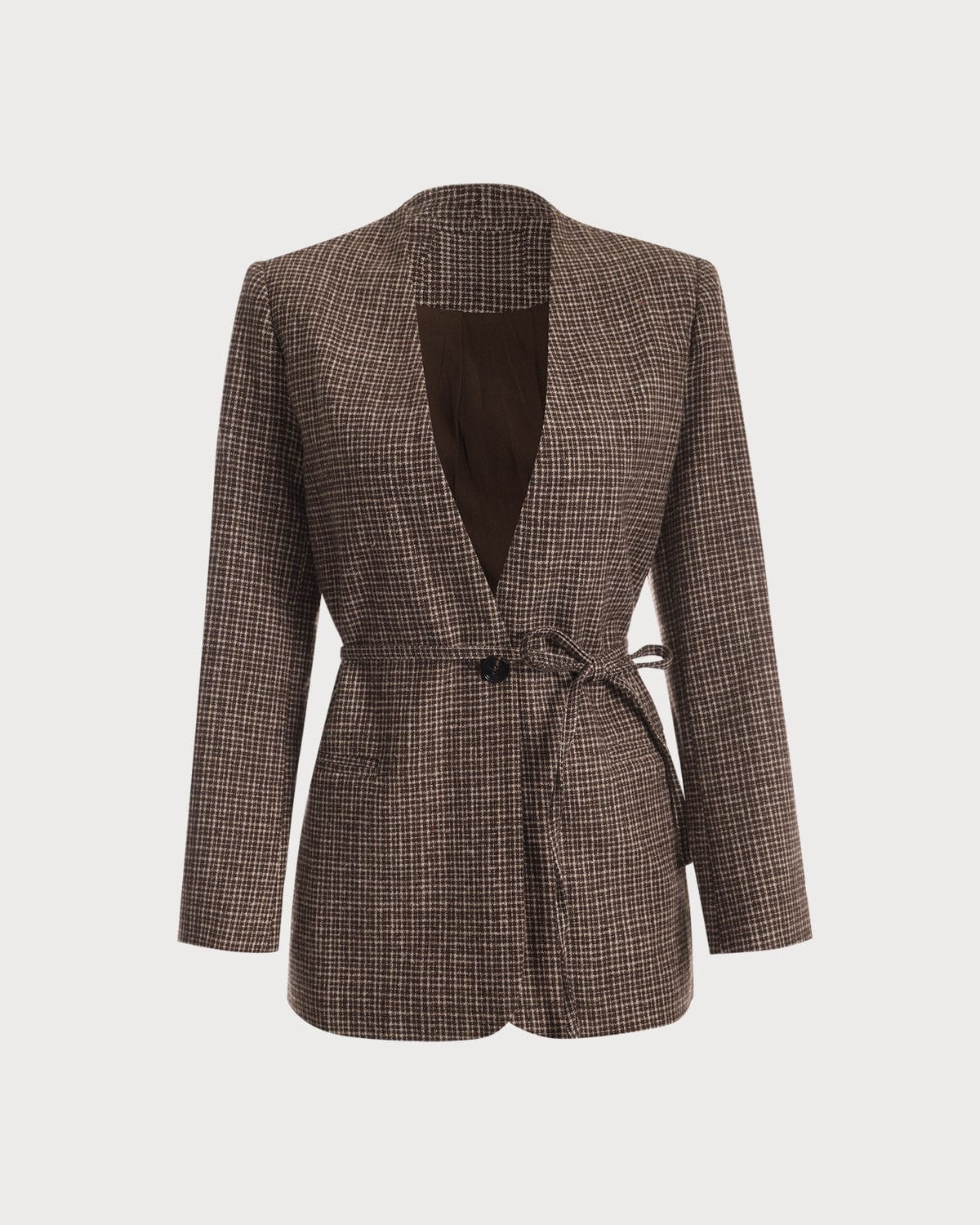 V Yaka Ekoseli Tek Düğmeli Blazer