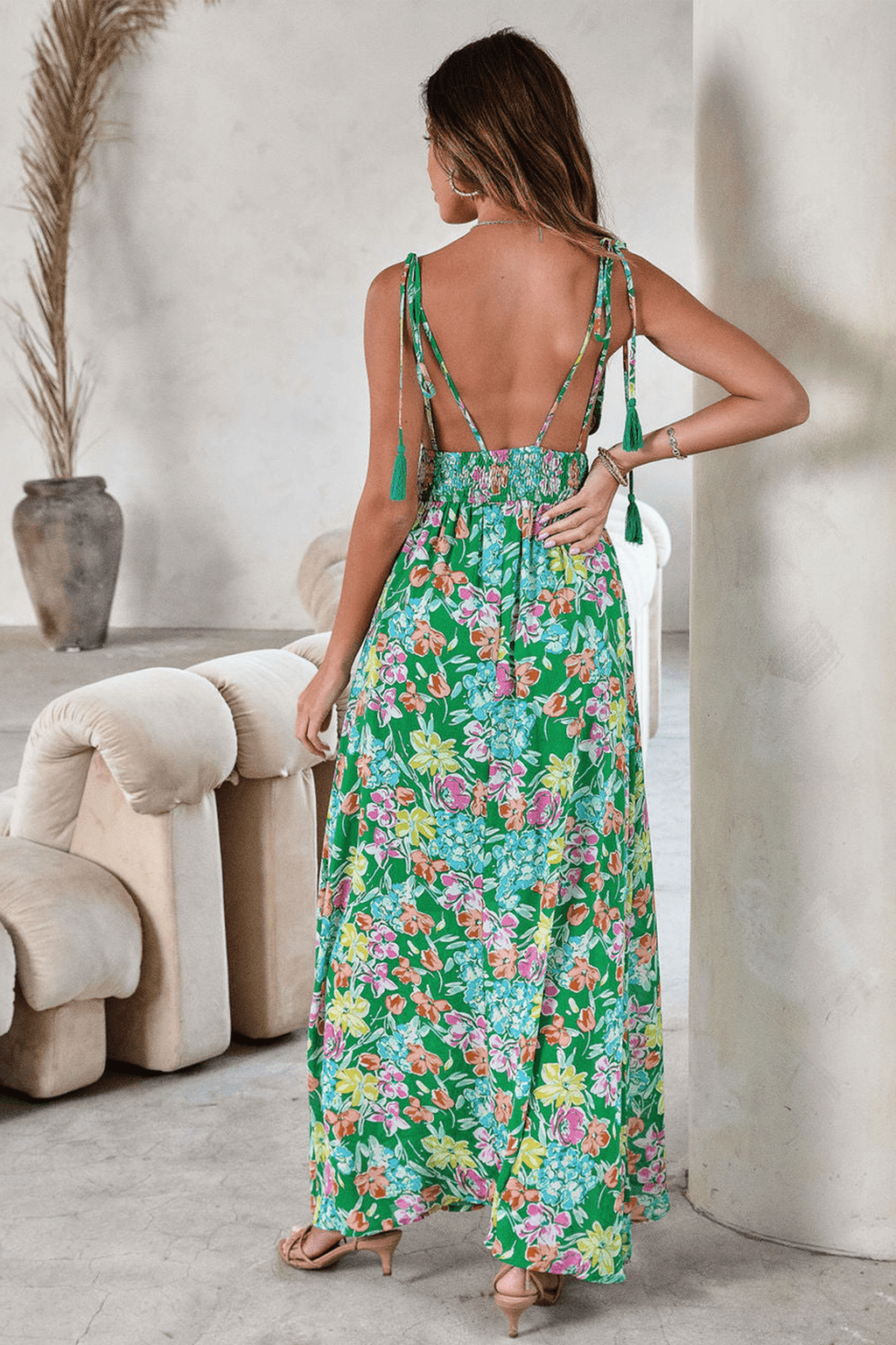 Grace Baskılı Püsküllü Sırtı Açık Maxi Sundress