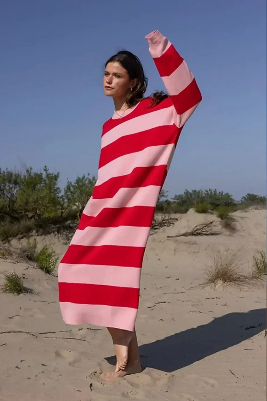 Günlük Çizgili Oversize Midi Elbise