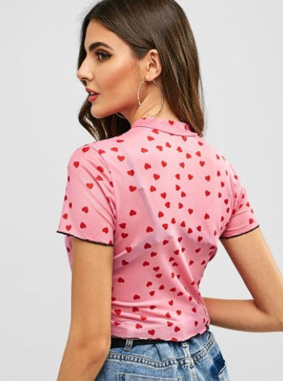 Mini Kalp Baskılı Kısa Kollu Crop