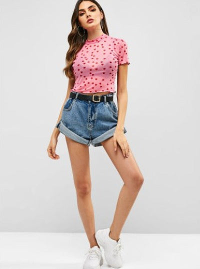 Mini Kalp Baskılı Kısa Kollu Crop