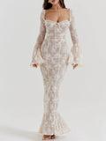 Vintage Krem Dantelli Maxi Elbise