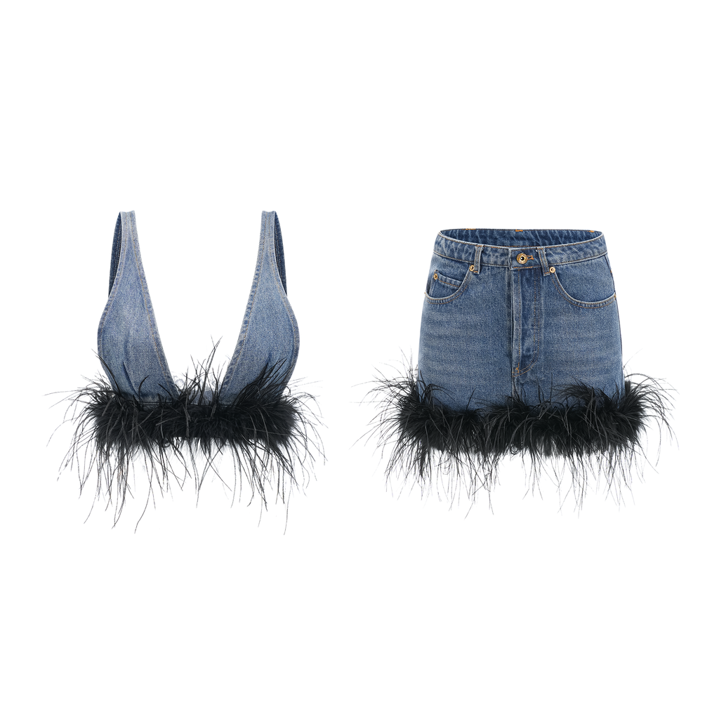 Milia Tüylü Denim Üst Ve Etek Uyumlu Set