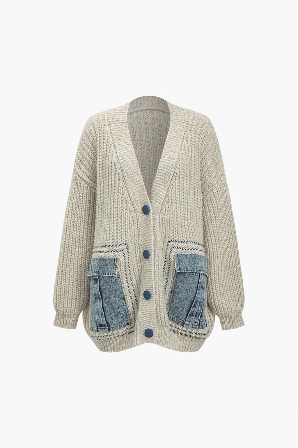 Denim Patchwork Düğme Cepli Kazak Hırka