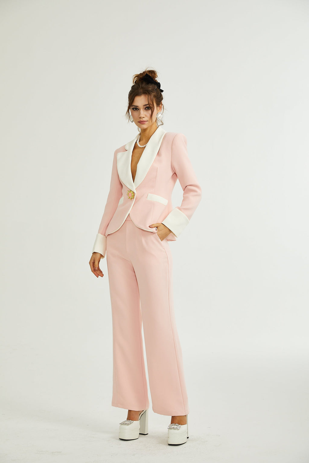 Claretta Renk Bloklu Blazer Ve Pantolon Uyumlu Takım