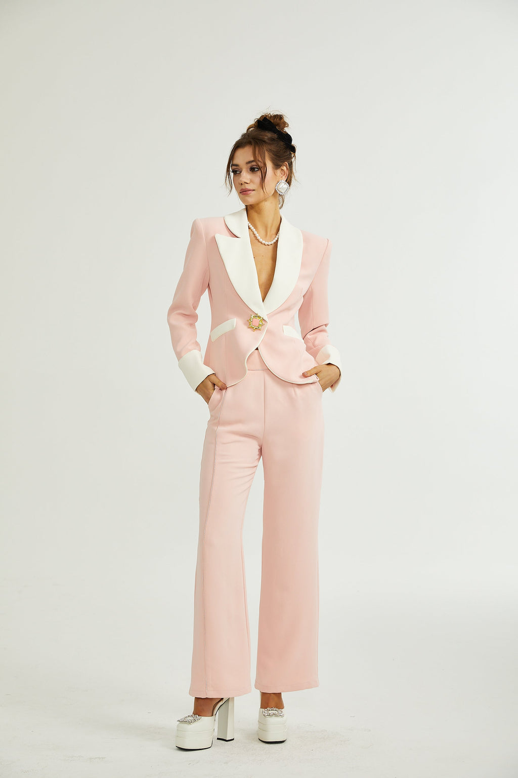 Claretta Renk Bloklu Blazer Ve Pantolon Uyumlu Takım