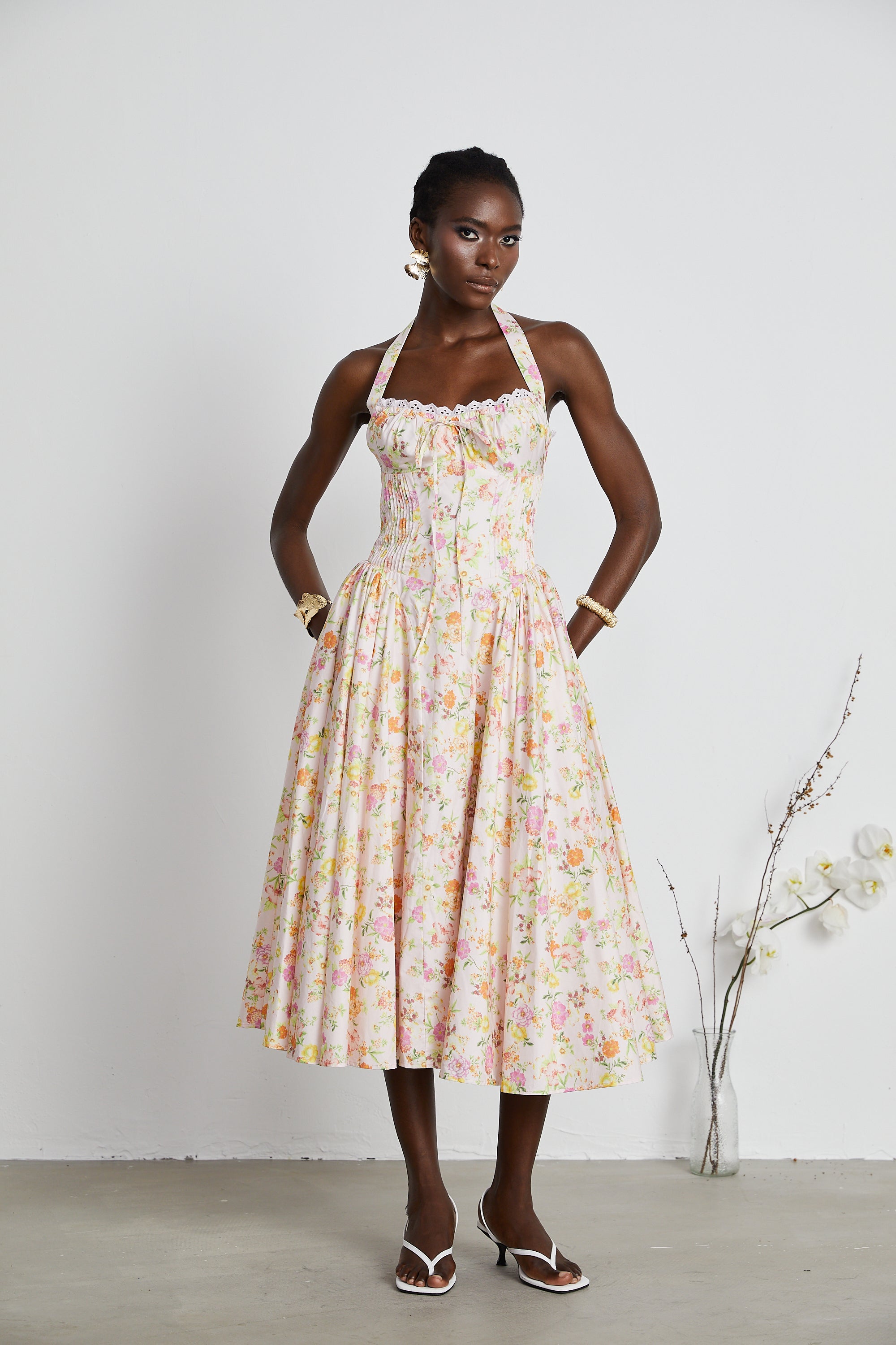 Odette desenli midi elbise