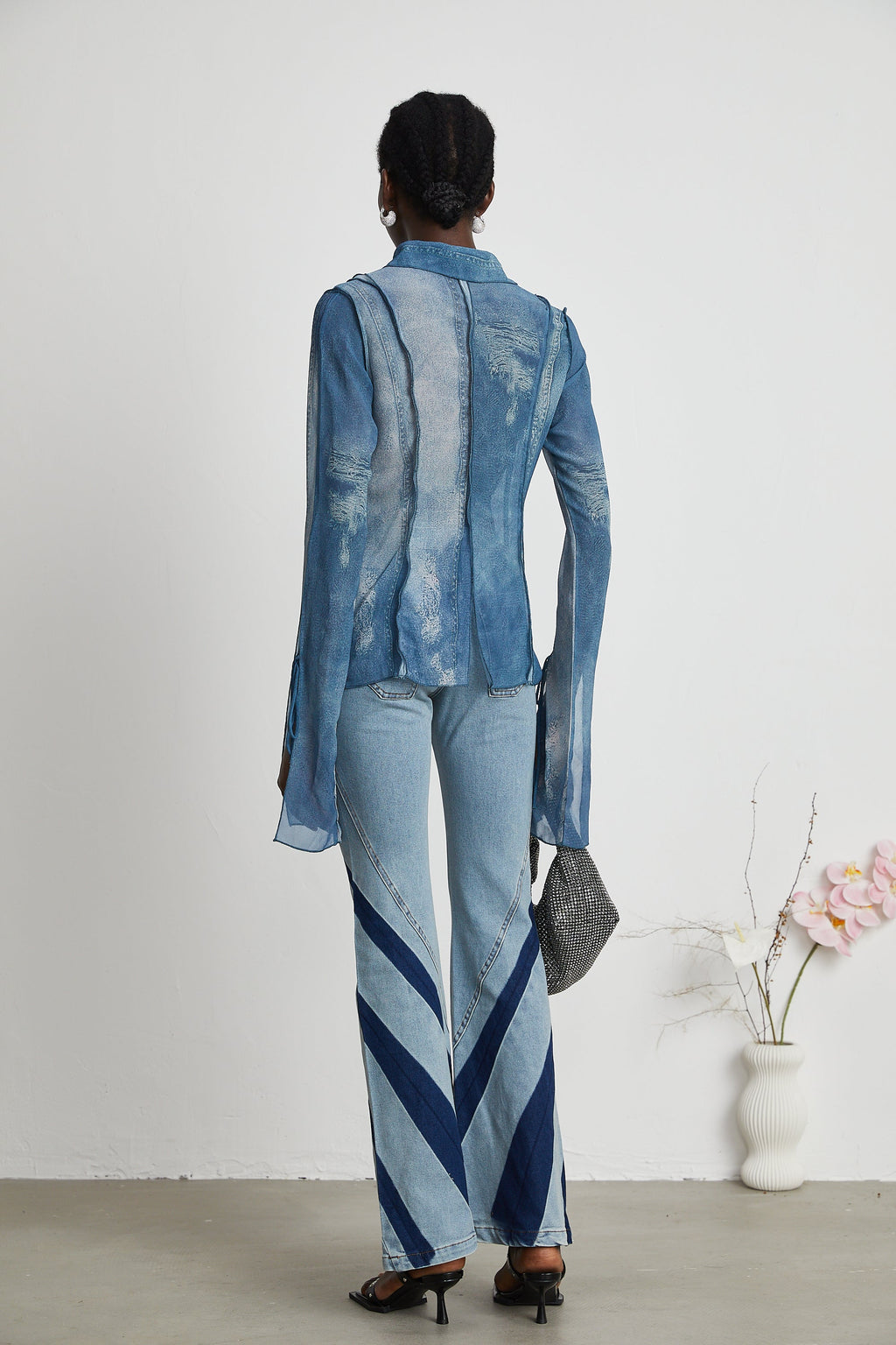 Corin Baskılı Denim Transparan Üst