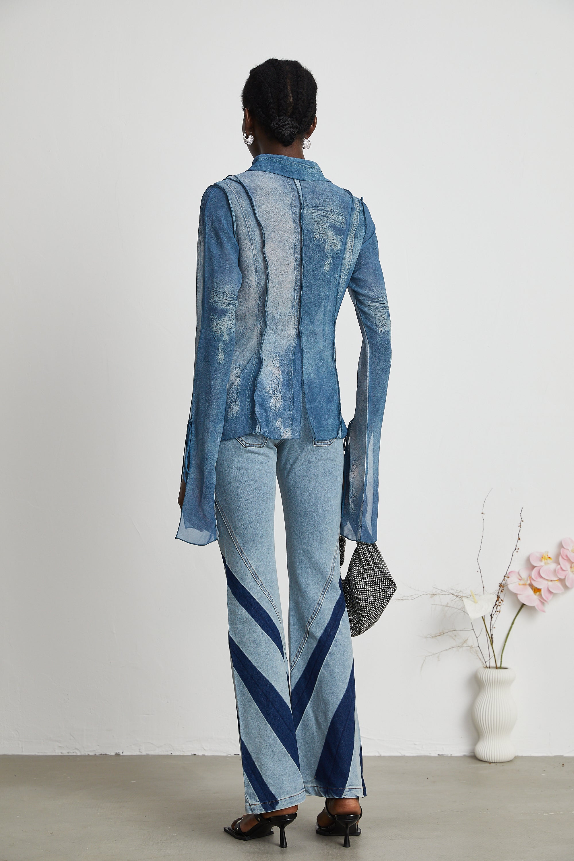 Corin Baskılı Denim Transparan Üst