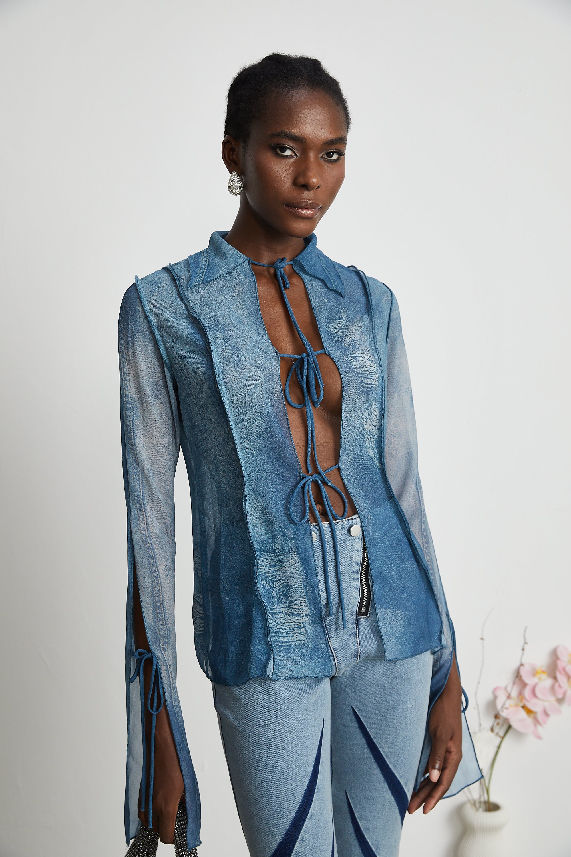 Corin Baskılı Denim Transparan Üst