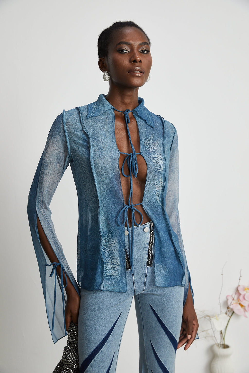 Corin Baskılı Denim Transparan Üst