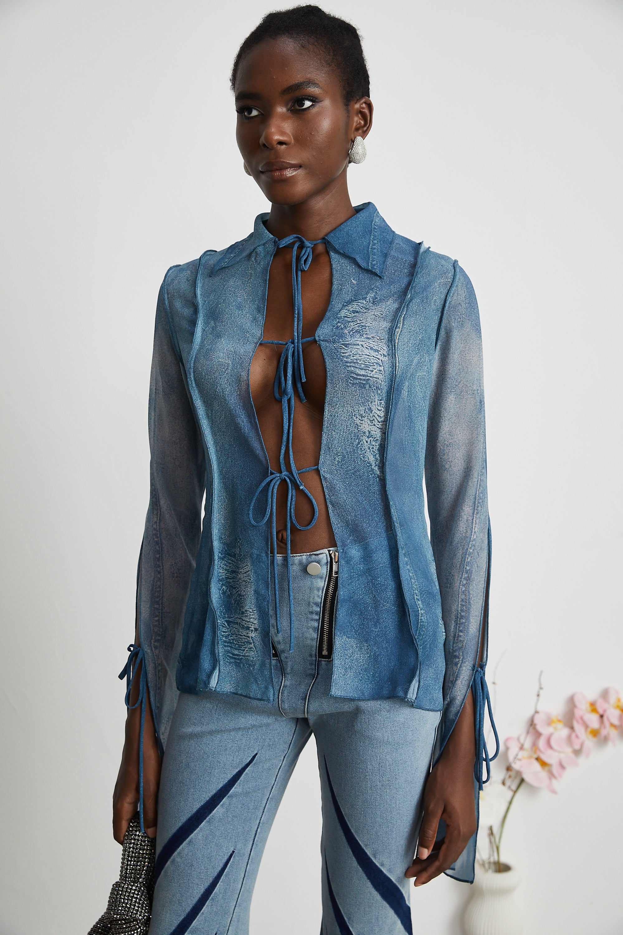 Corin Baskılı Denim Transparan Üst