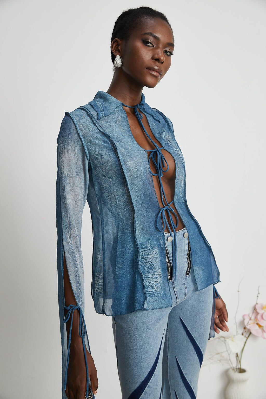 Corin Baskılı Denim Transparan Üst