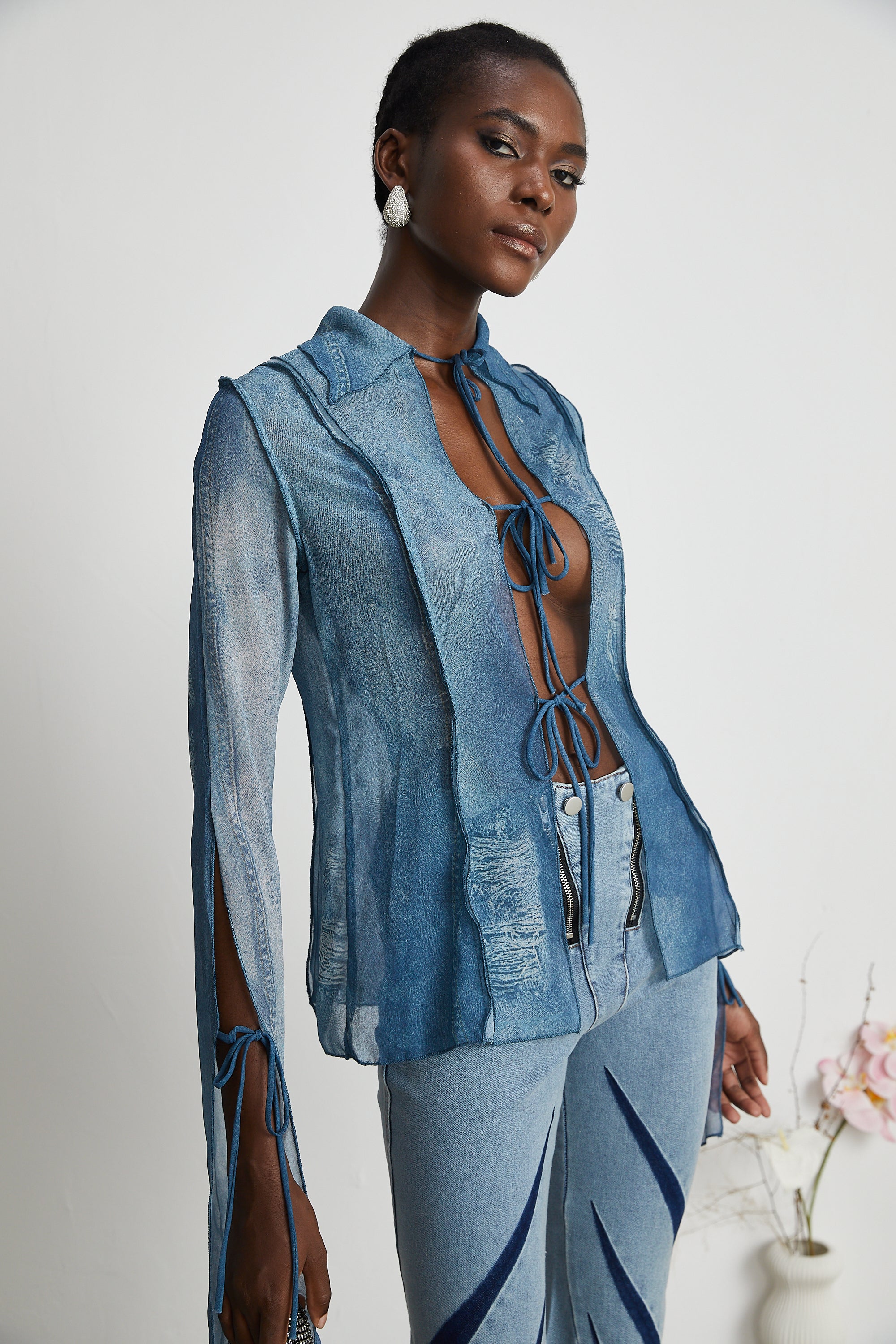 Corin Baskılı Denim Transparan Üst