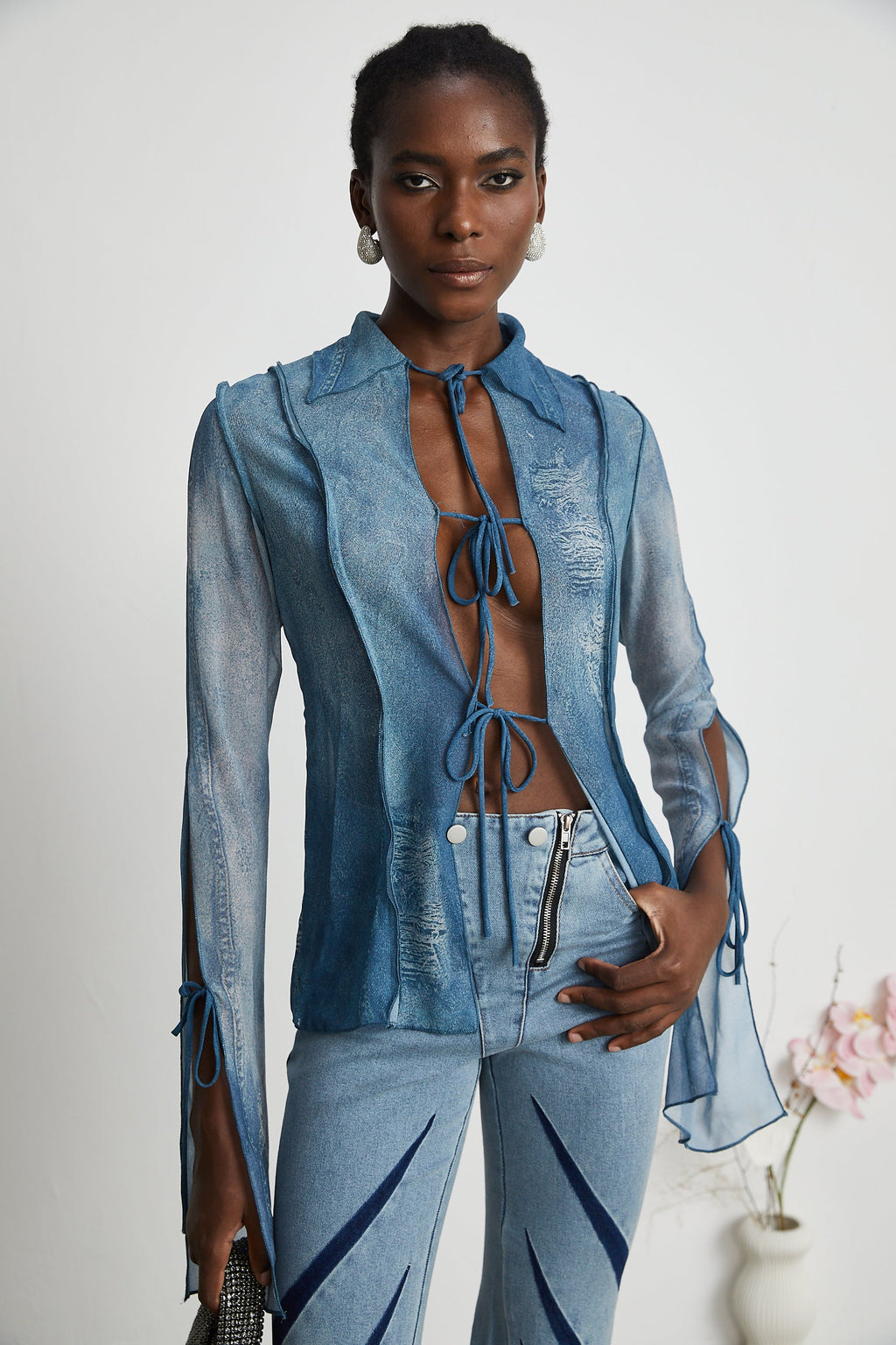 Corin Baskılı Denim Transparan Üst