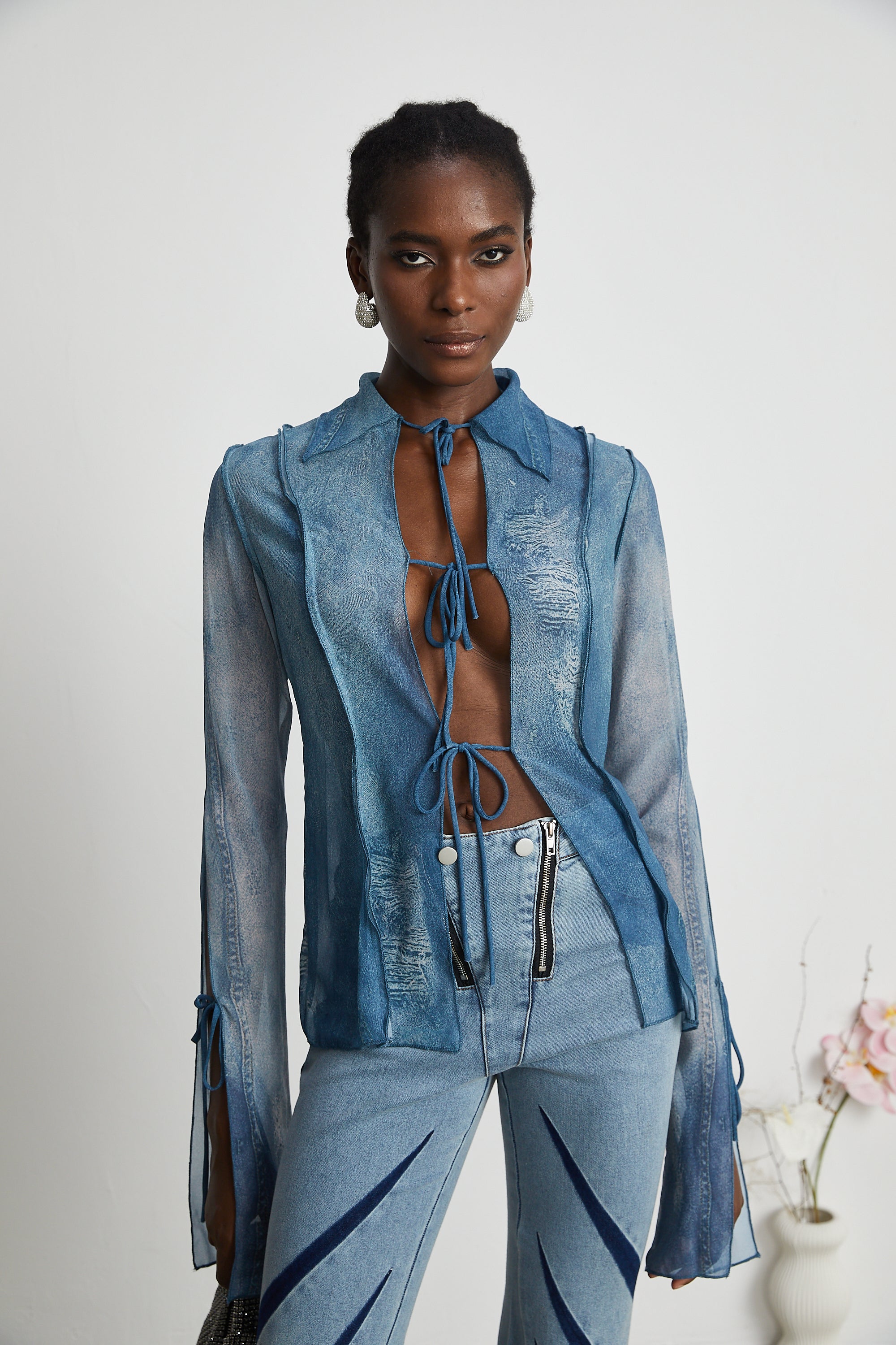 Corin Baskılı Denim Transparan Üst