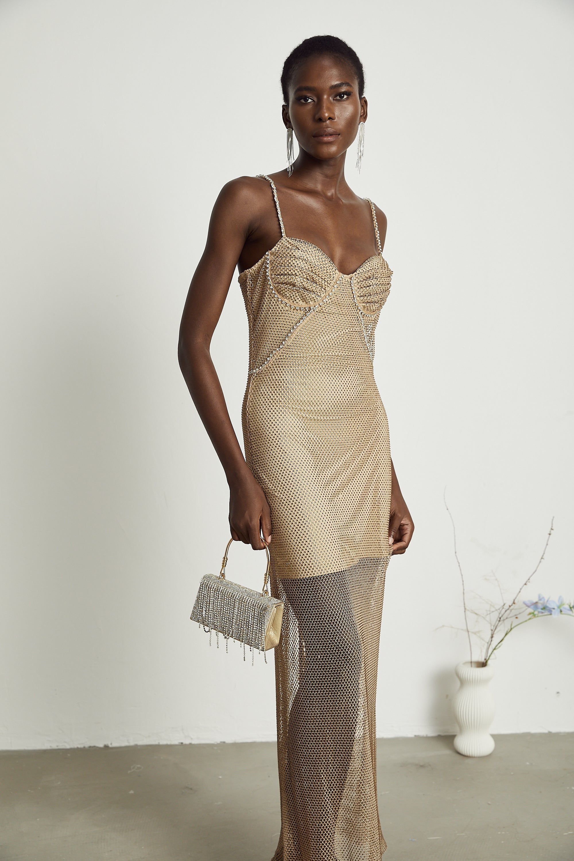 Delphine kristal midi elbise