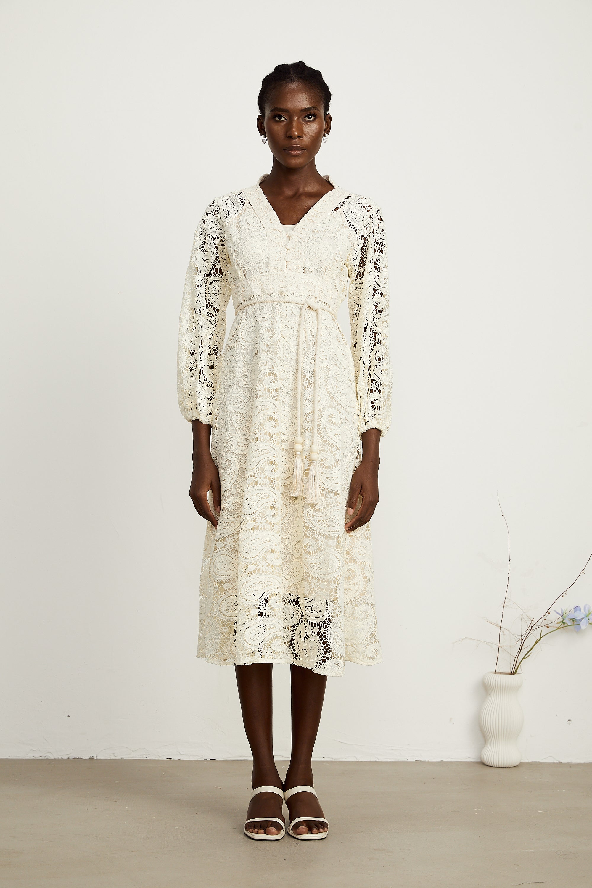 Georgette dantel midi elbise
