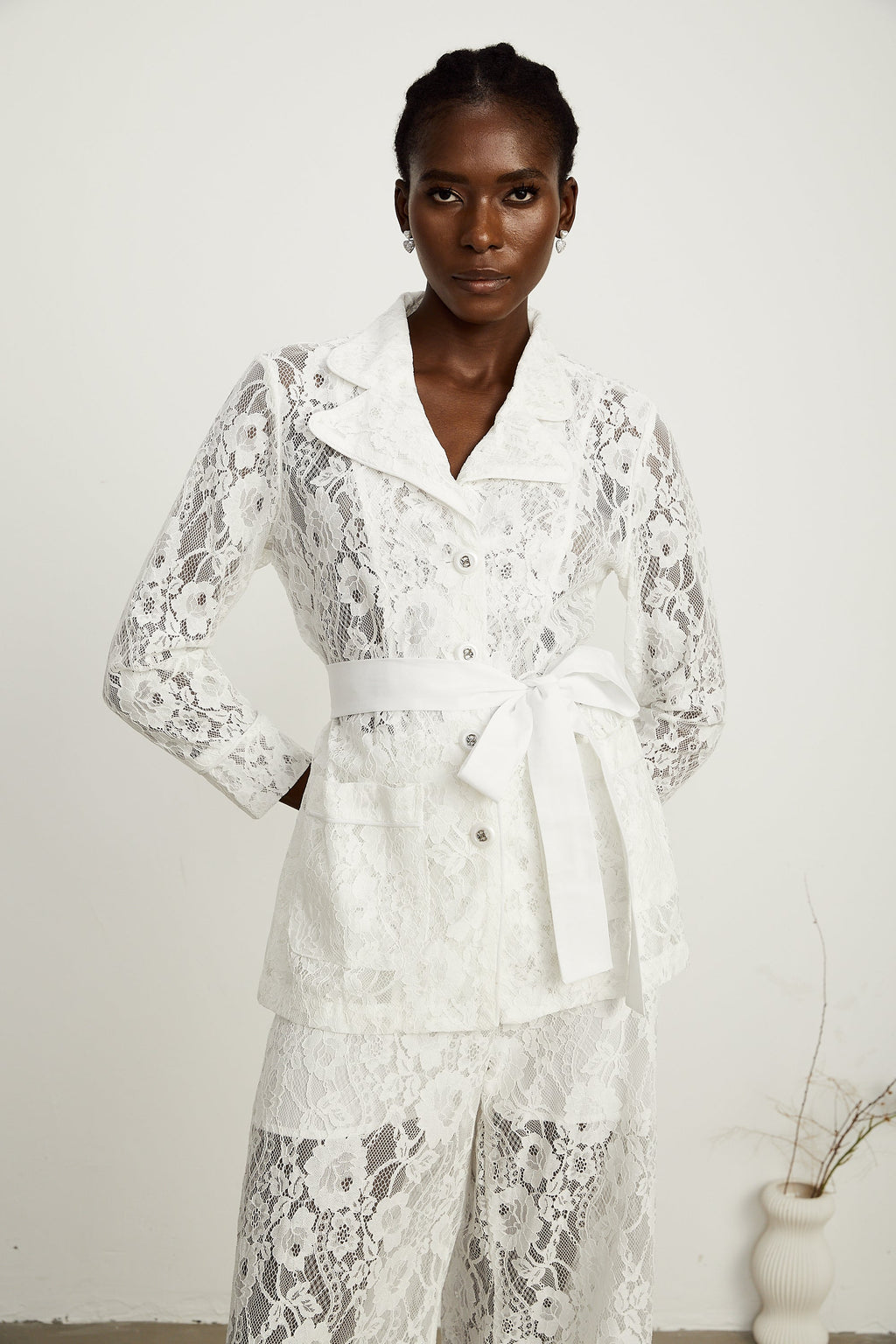 Chloé Beyaz Fitilli Dantel Blazer Ve Pantolon Uyumlu Set