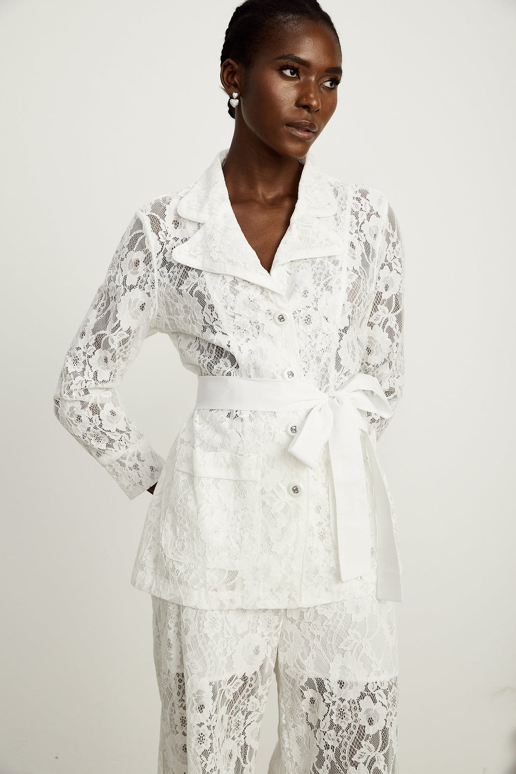 Chloé Beyaz Fitilli Dantel Blazer Ve Pantolon Uyumlu Set