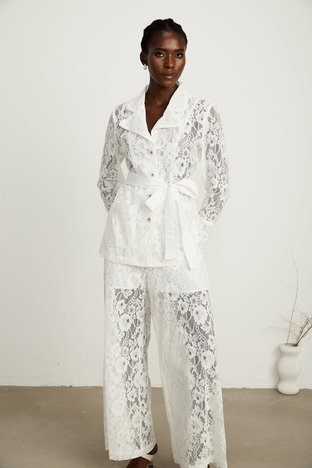 Chloé Beyaz Fitilli Dantel Blazer Ve Pantolon Uyumlu Set