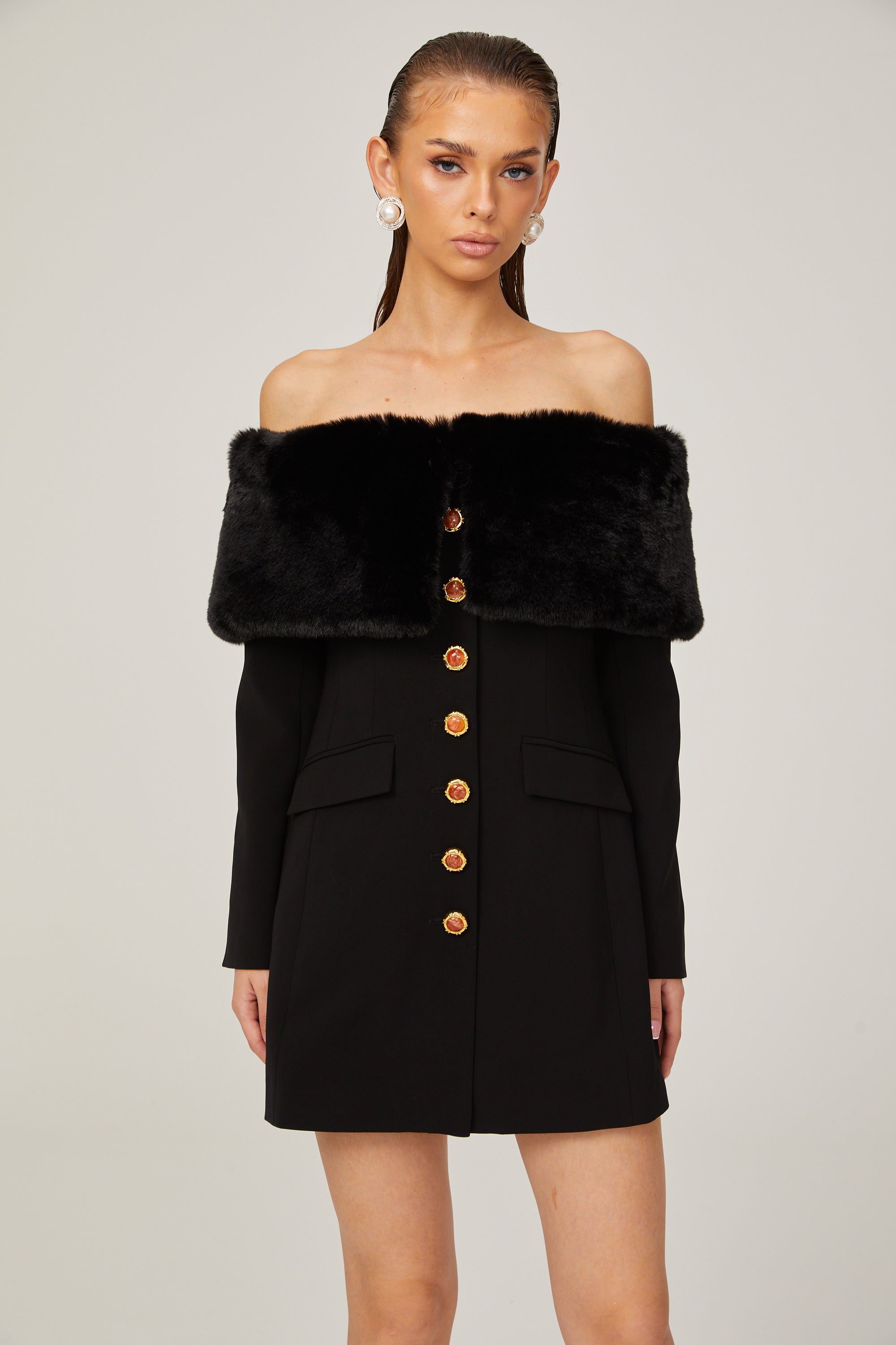 Céline suni kürk mini elbise