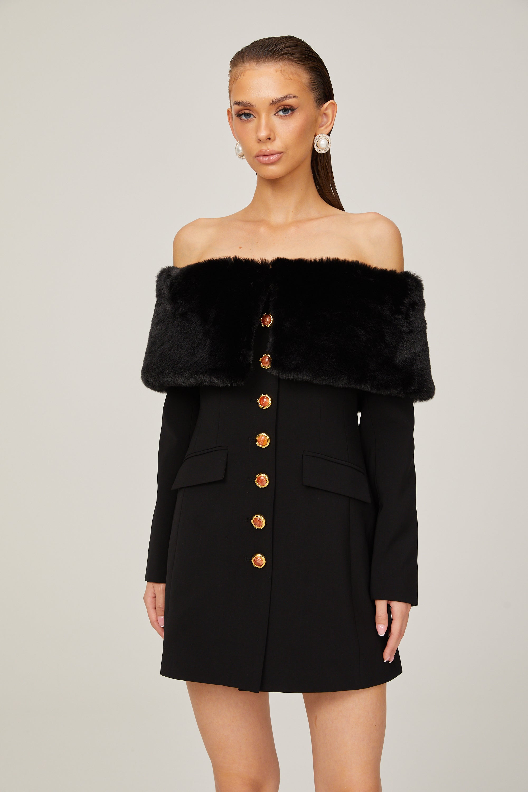Céline suni kürk mini elbise