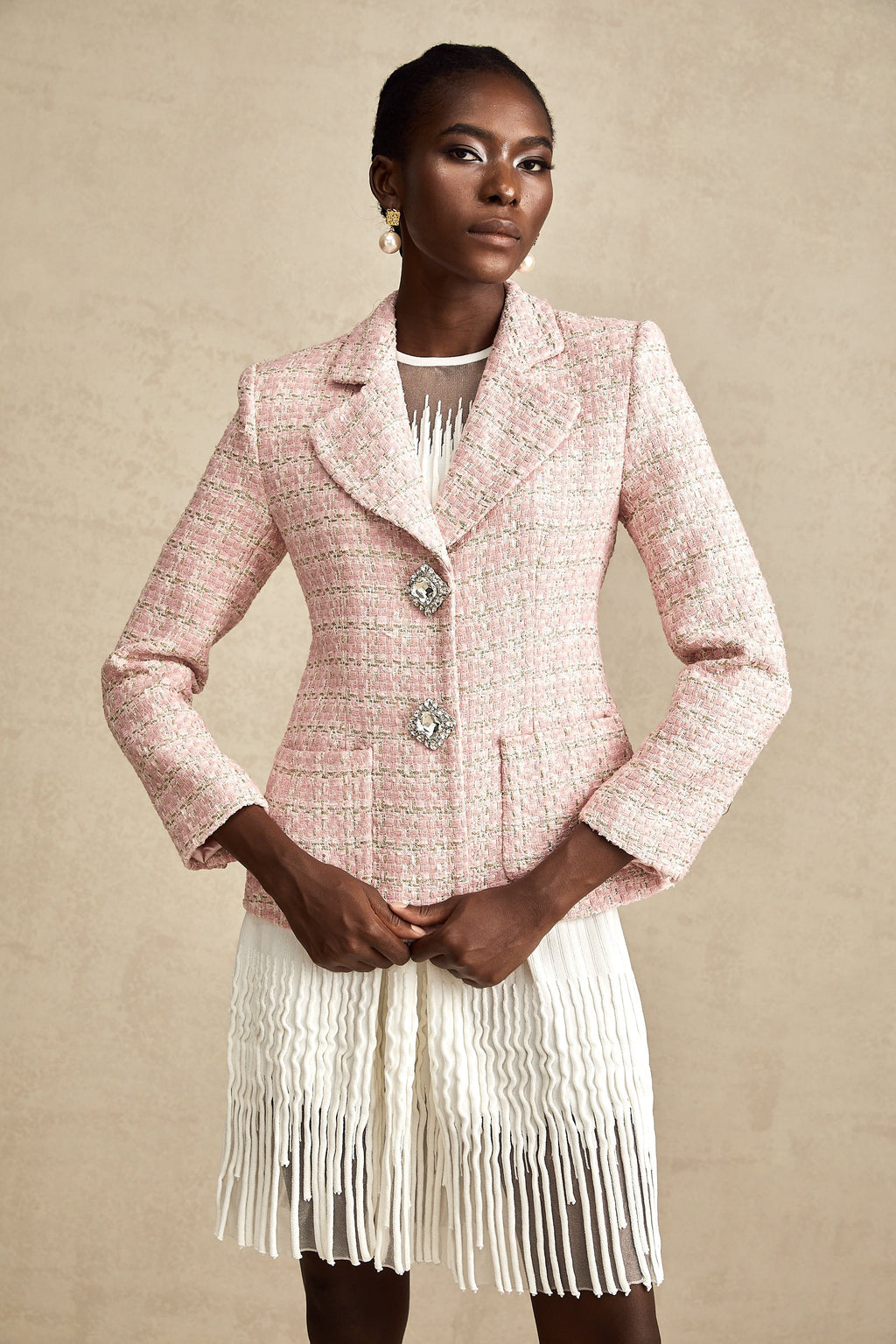 Hélène Pembe Kristal Kareli Tüvit Blazer