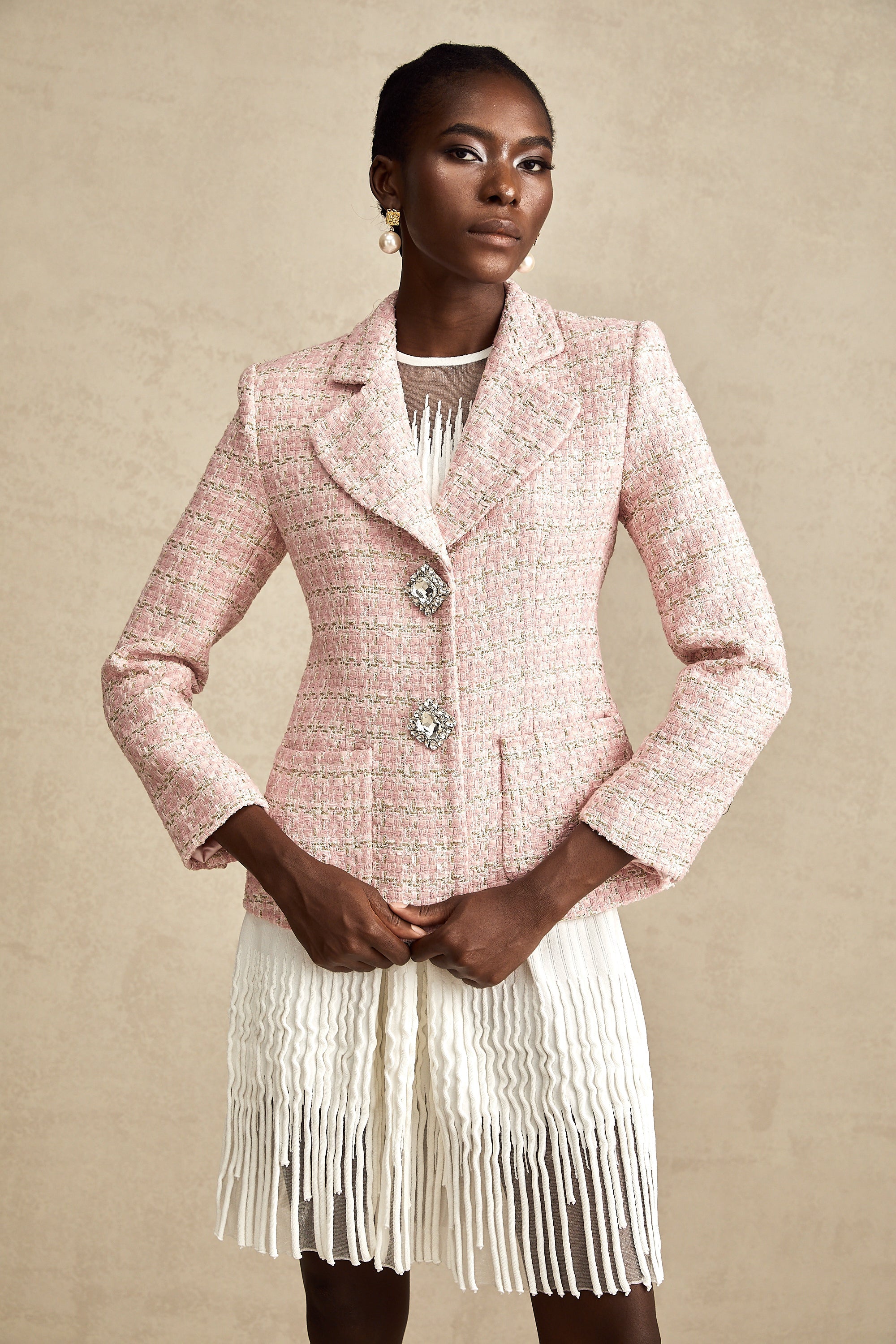 Hélène Pembe Kristal Kareli Tüvit Blazer