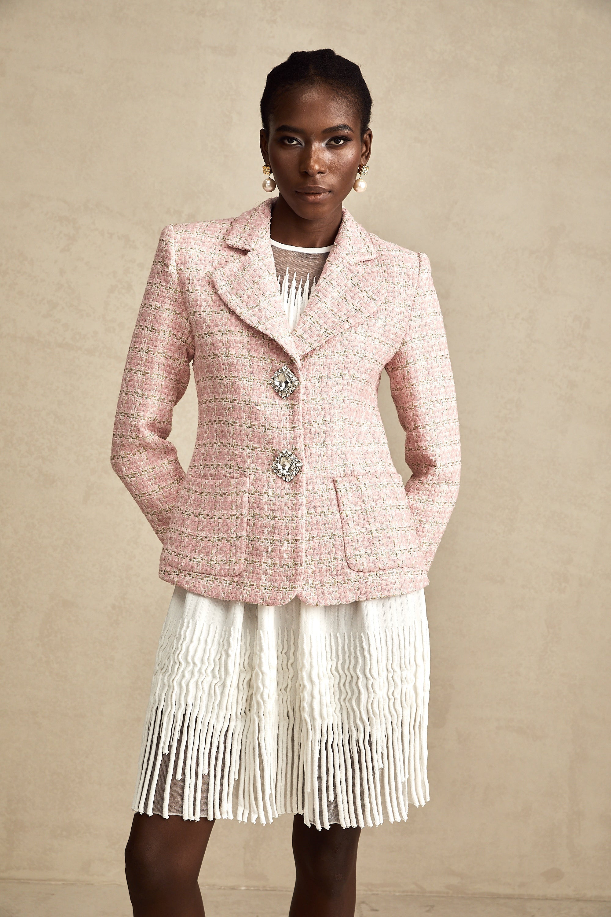 Hélène Pembe Kristal Kareli Tüvit Blazer