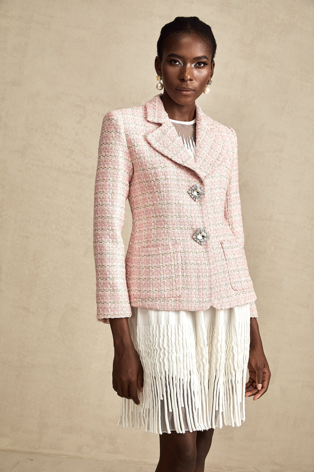 Hélène Pembe Kristal Kareli Tüvit Blazer