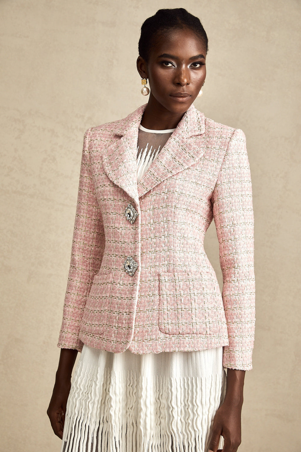 Hélène Pembe Kristal Kareli Tüvit Blazer