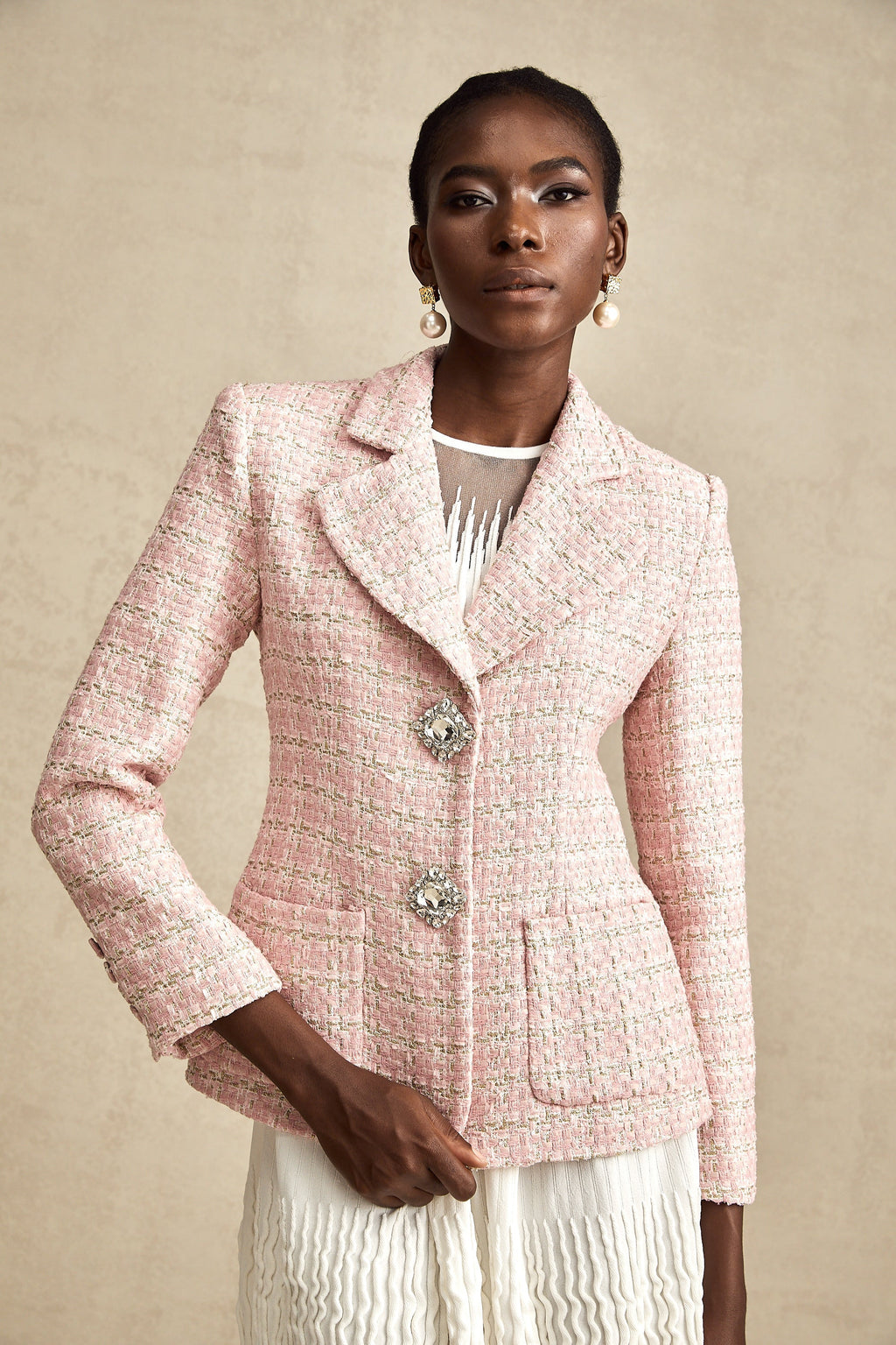 Hélène Pembe Kristal Kareli Tüvit Blazer