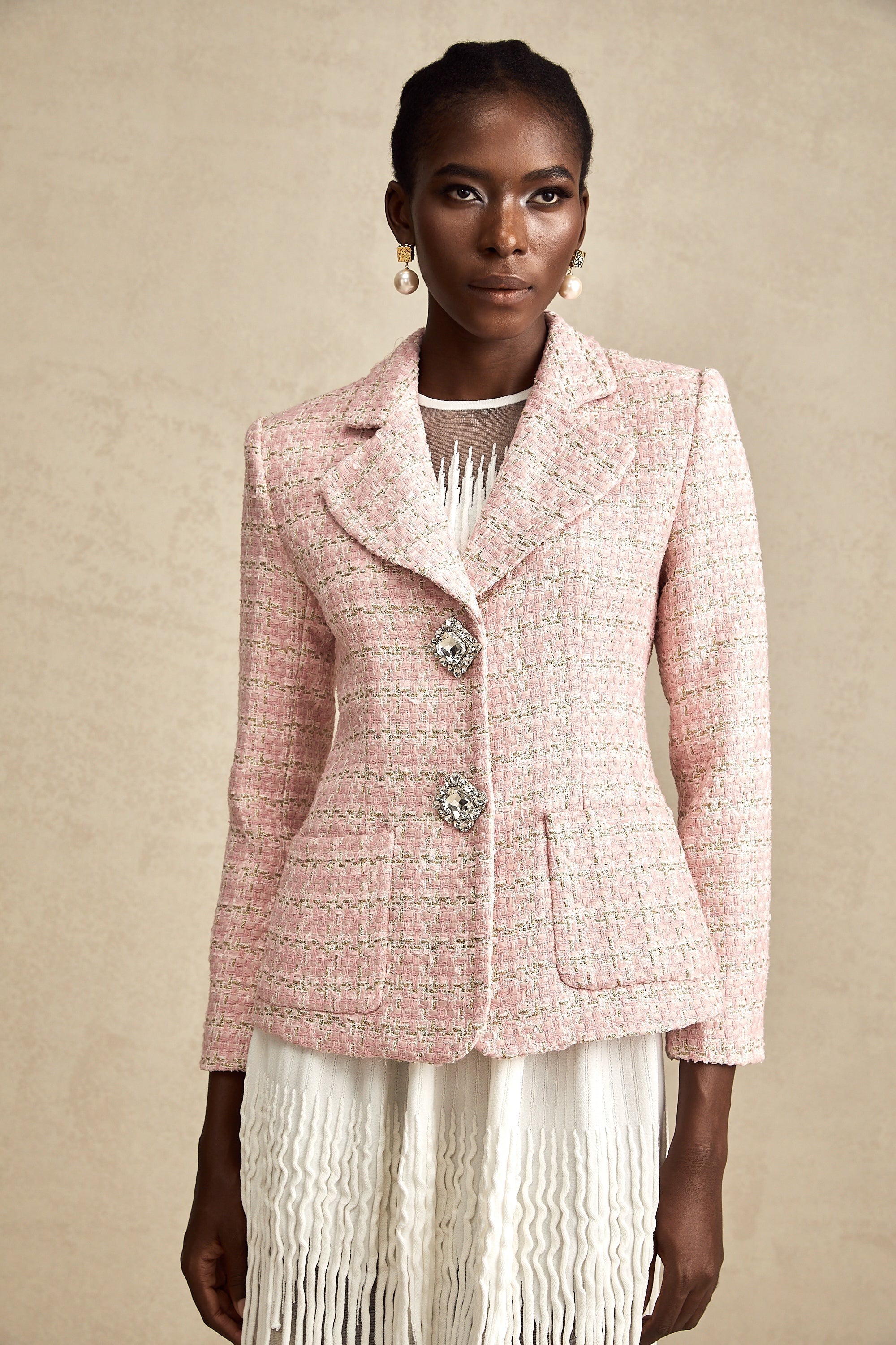 Hélène Pembe Kristal Kareli Tüvit Blazer