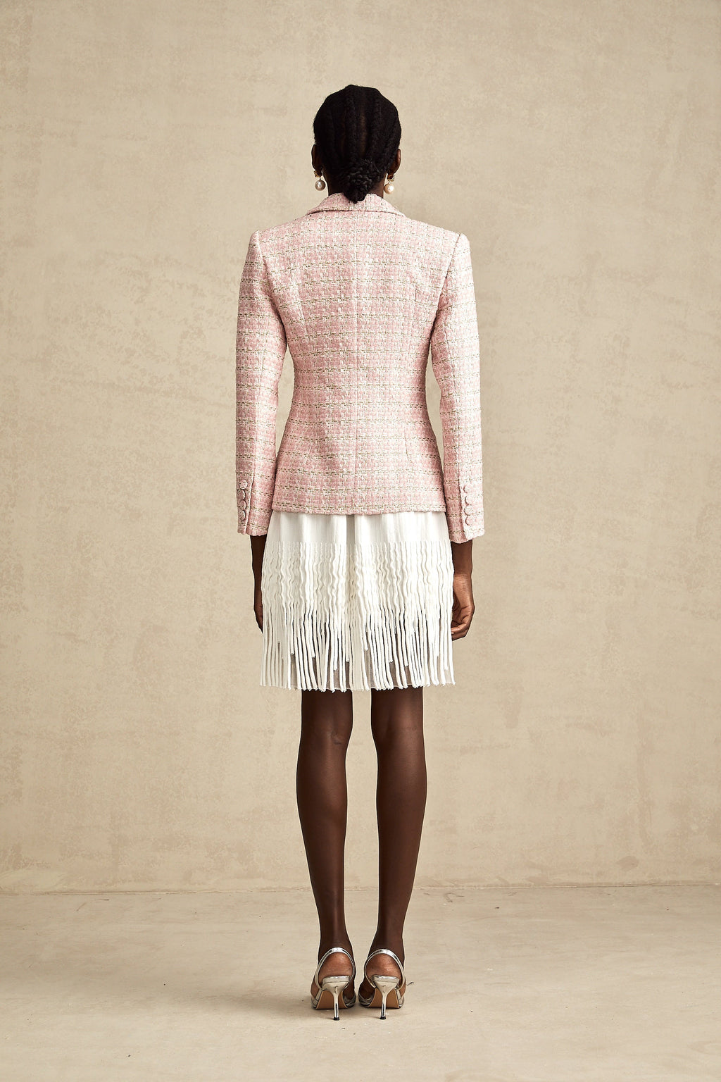 Hélène Pembe Kristal Kareli Tüvit Blazer