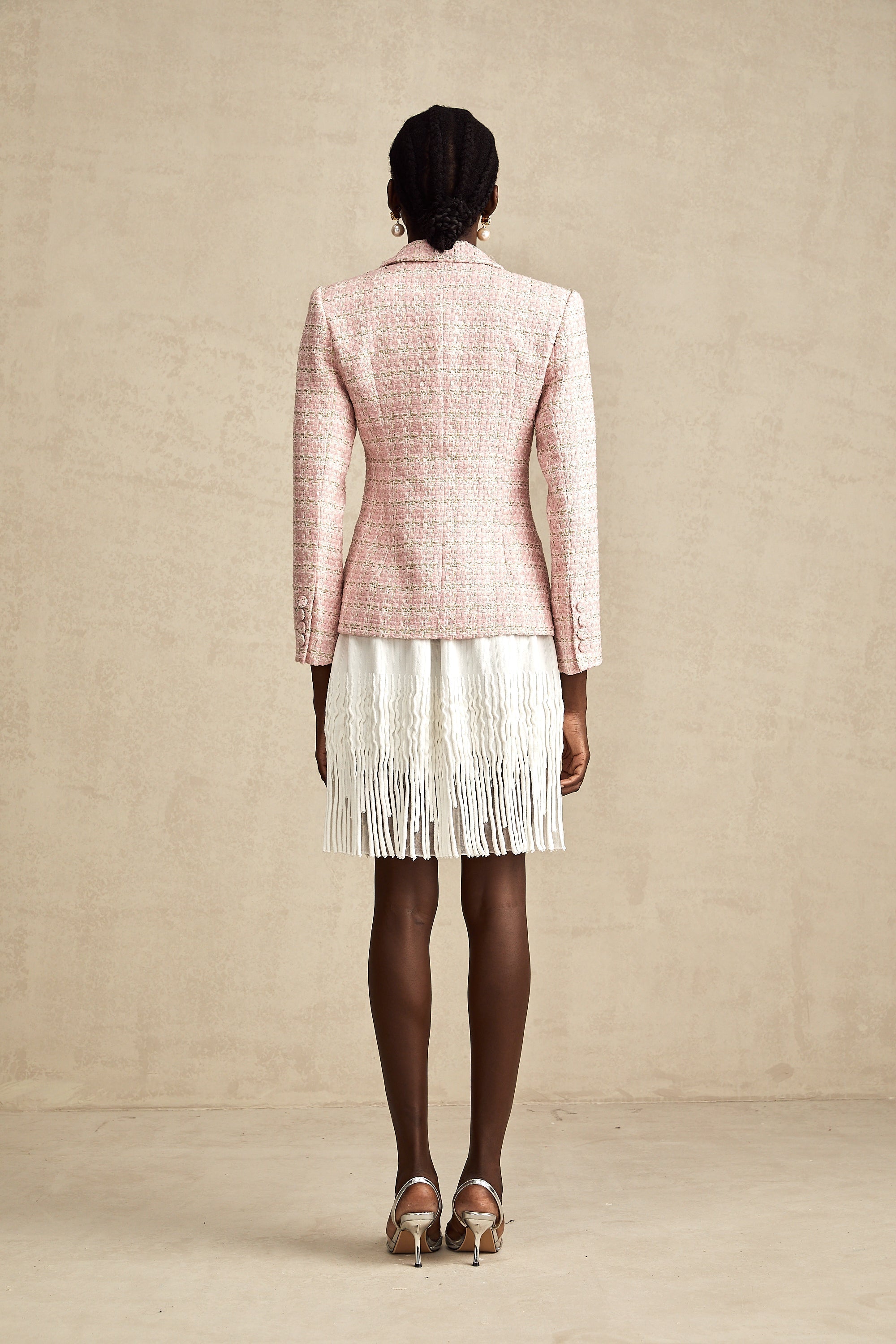 Hélène Pembe Kristal Kareli Tüvit Blazer