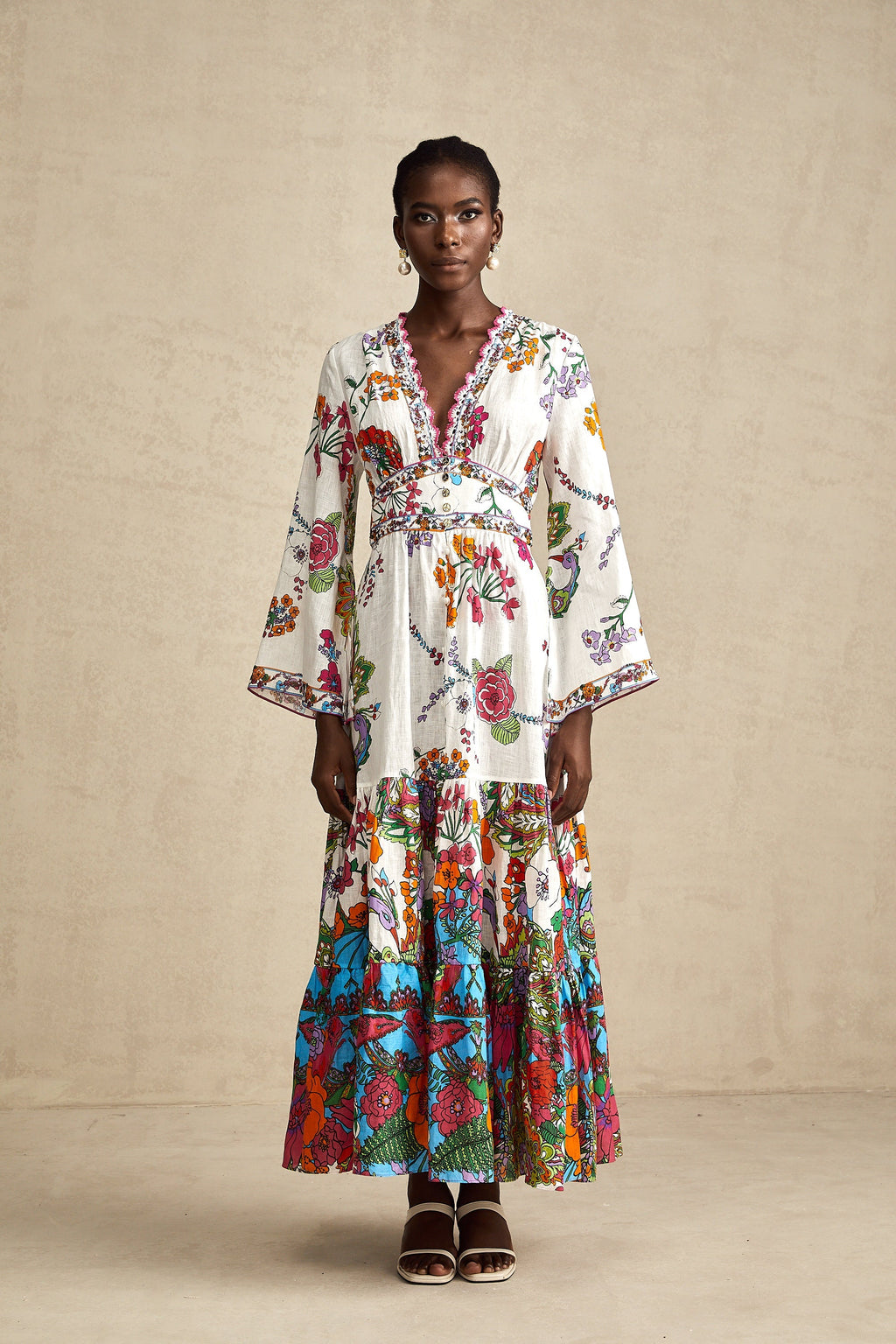 Hélène Çiçek Desenli V Yaka Midi Elbise