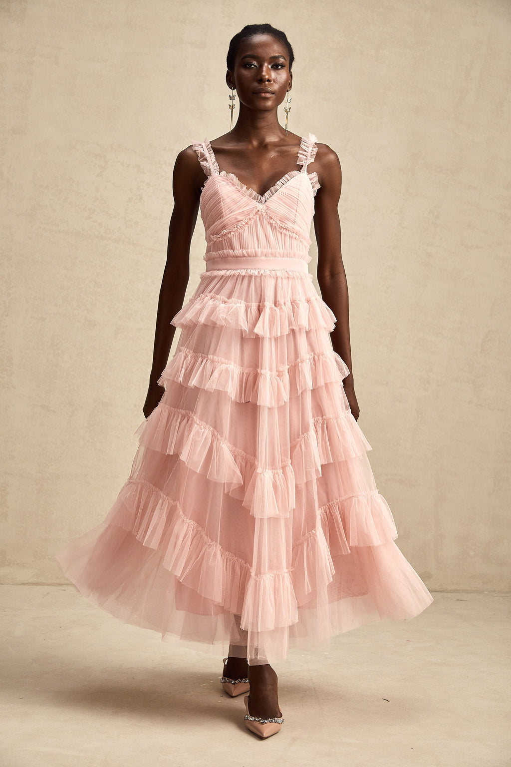 Elvire Katlı Fırfırlı Tül Midi Elbise