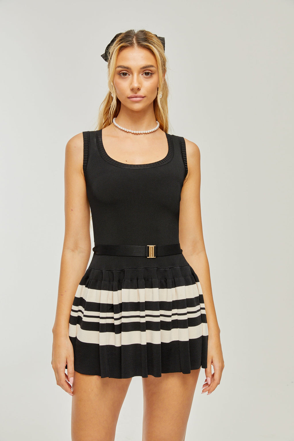 Clothilde Çizgili Desen Pilili Mini Elbise