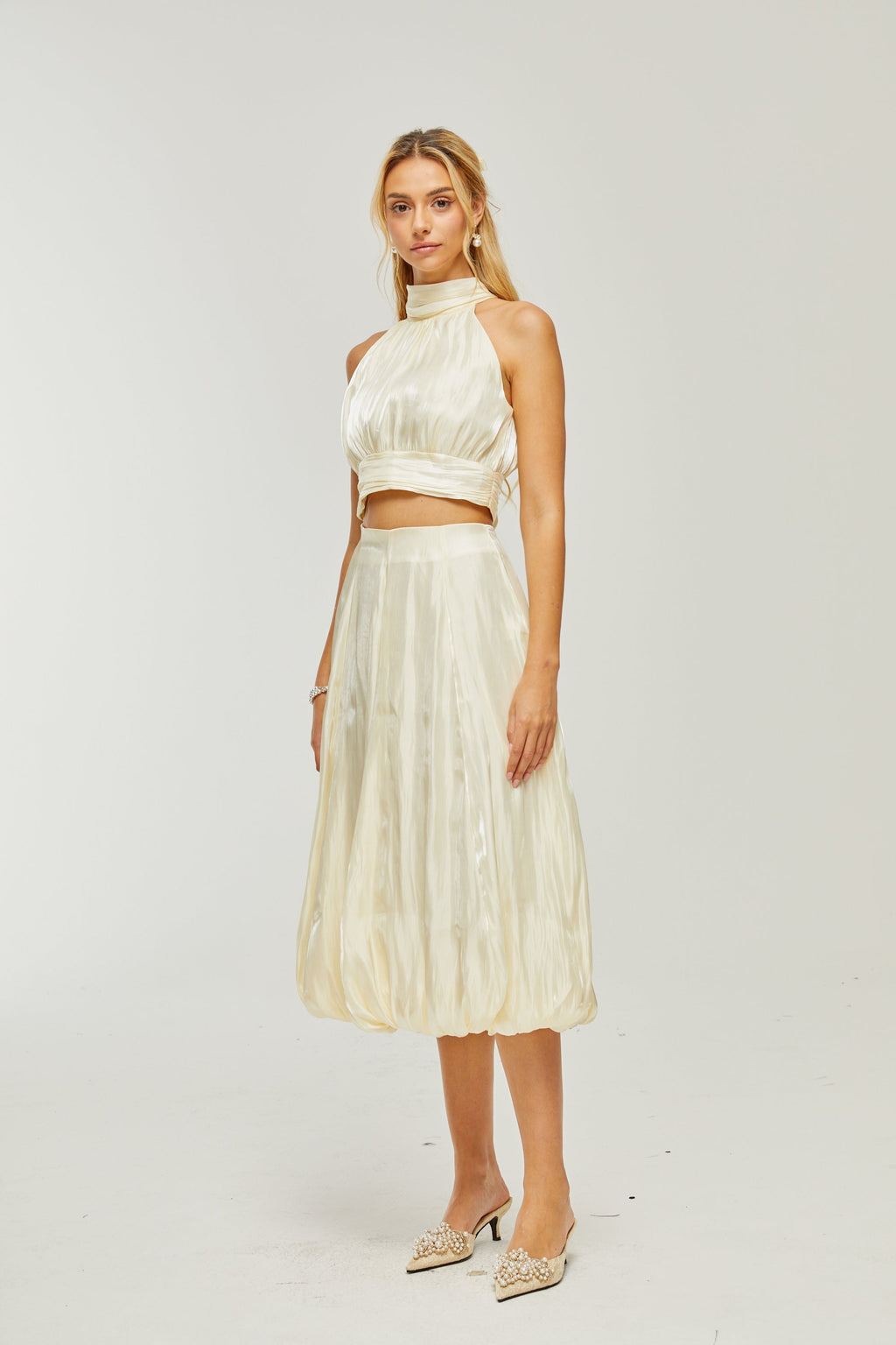 Céline Beyaz Pilili Üst Ve Etek Uyumlu Takım